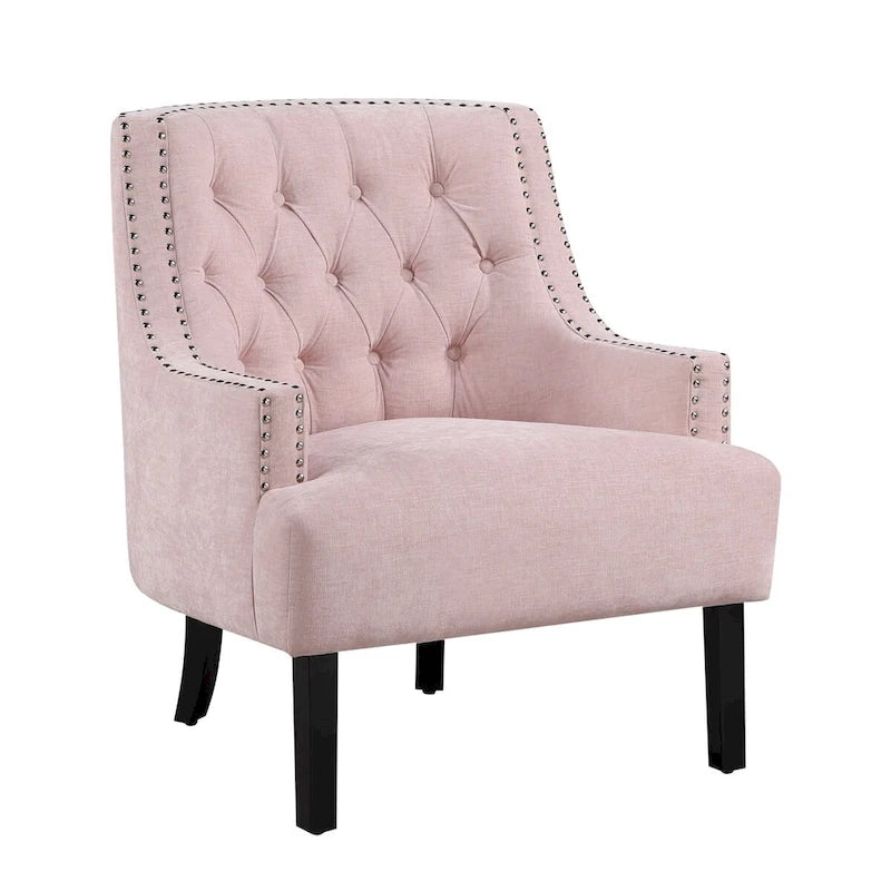 Sillón decorativo rosa de chenilla capitoné con ribete de tachuelas