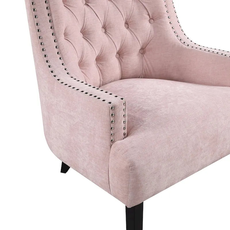 Sillón decorativo rosa de chenilla capitoné con ribete de tachuelas
