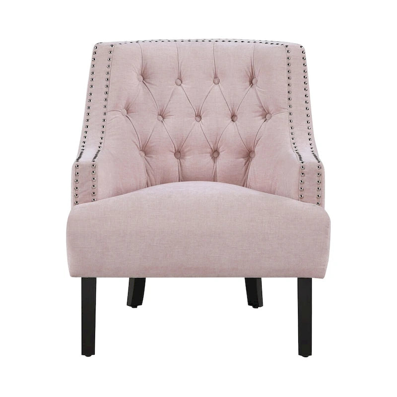 Sillón decorativo rosa de chenilla capitoné con ribete de tachuelas