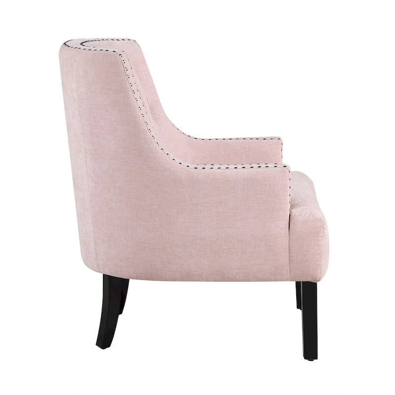 Sillón decorativo rosa de chenilla capitoné con ribete de tachuelas