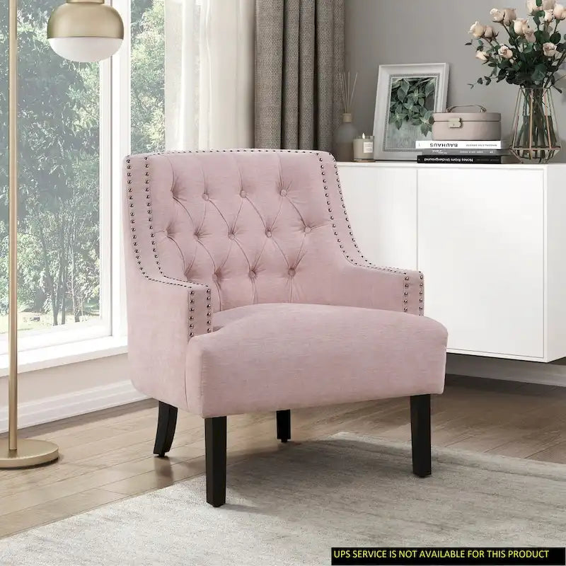 Sillón decorativo rosa de chenilla capitoné con ribete de tachuelas