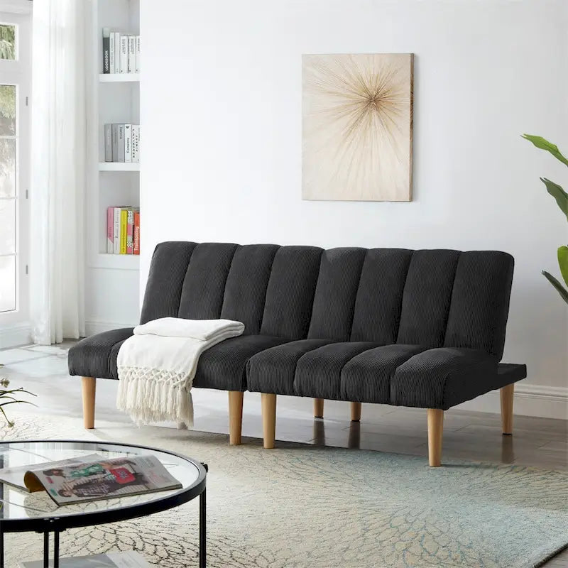 Sofá cama convertible de pana con patas de madera