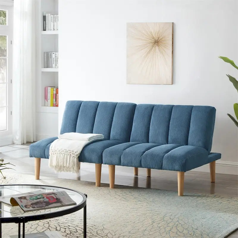 Sofá cama convertible de pana con patas de madera
