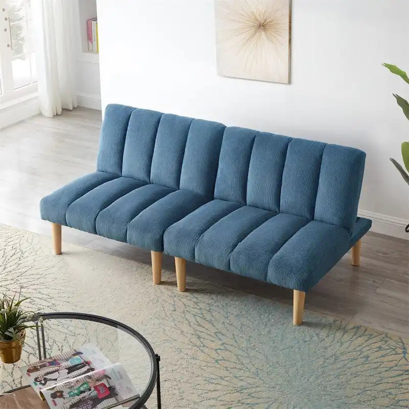 Sofá cama convertible de pana con patas de madera