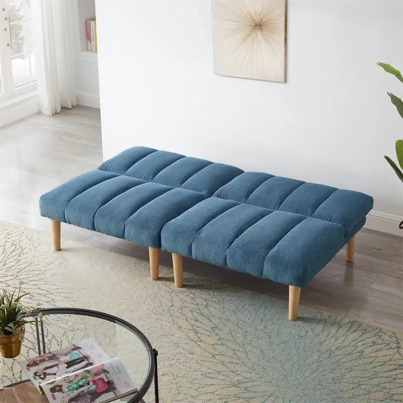 Sofá cama convertible de pana con patas de madera