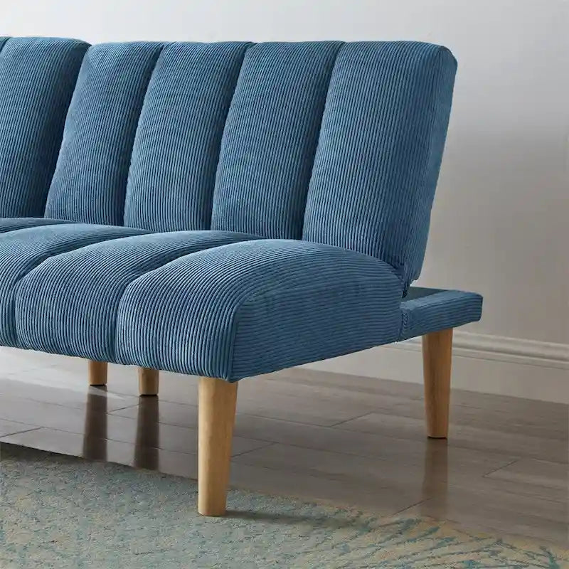 Sofá cama convertible de pana con patas de madera