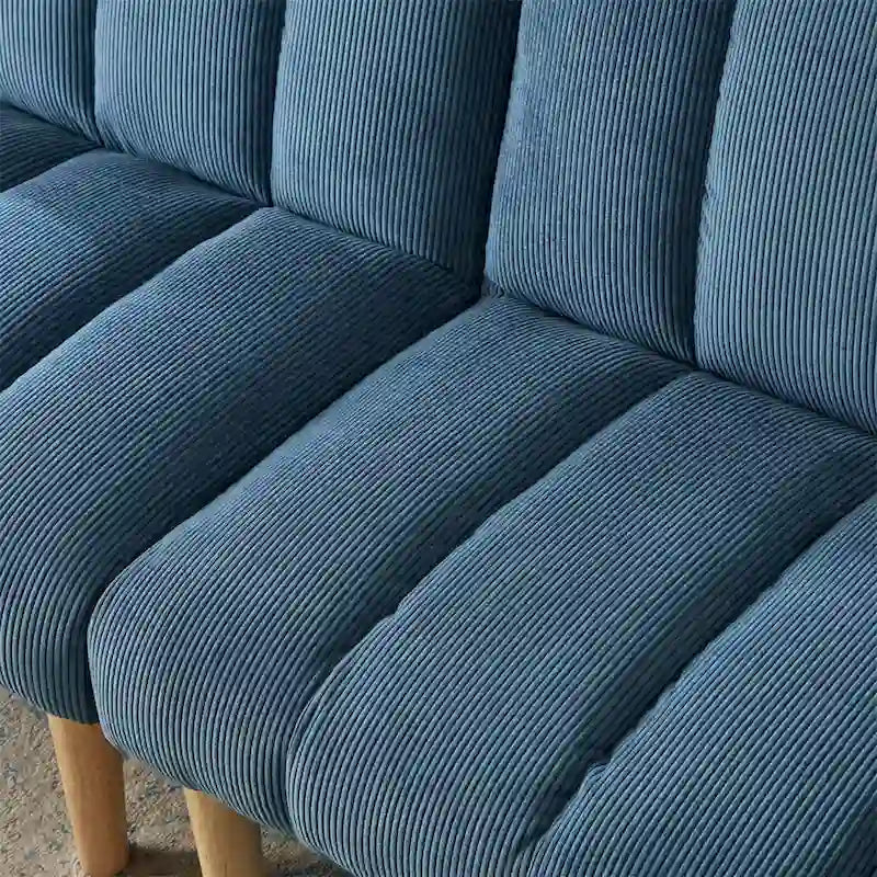 Sofá cama convertible de pana con patas de madera