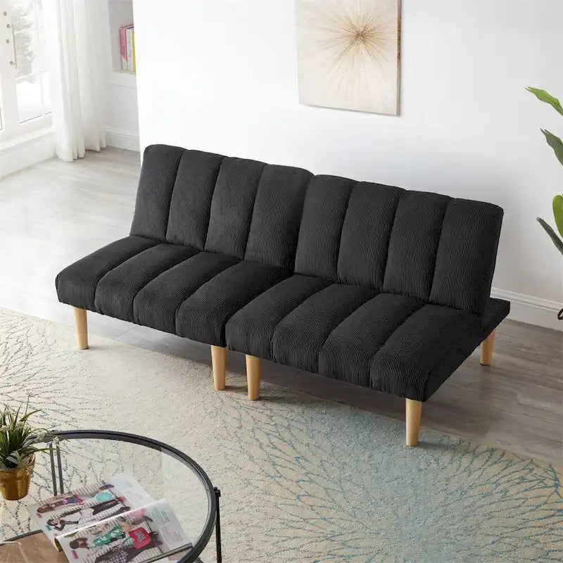 Sofá cama convertible de pana con patas de madera