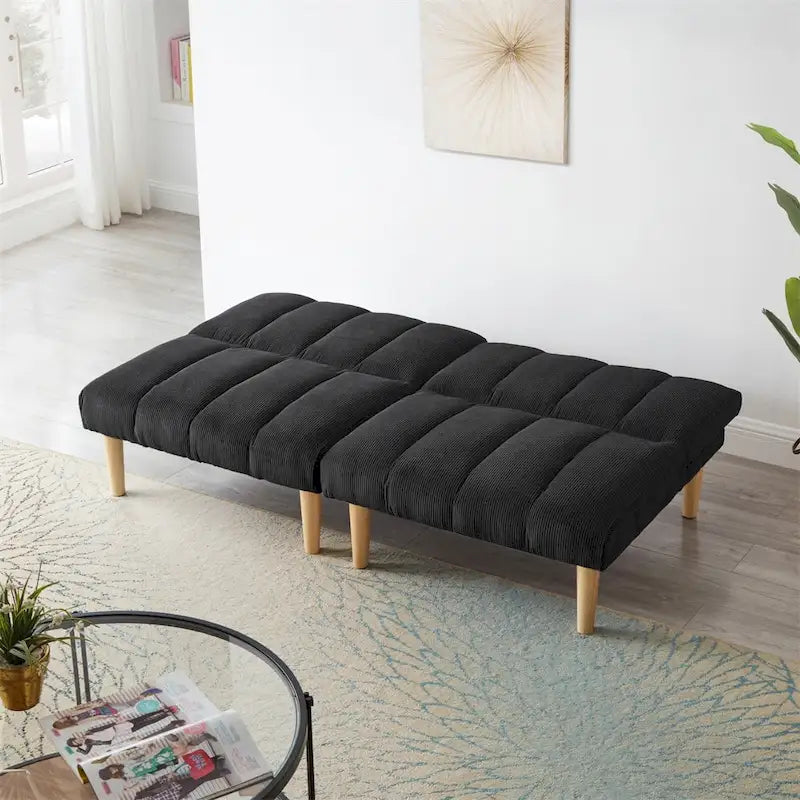 Sofá cama convertible de pana con patas de madera