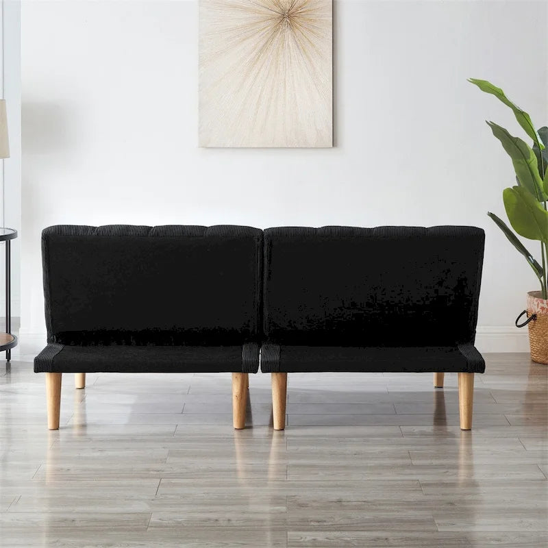 Sofá cama convertible de pana con patas de madera