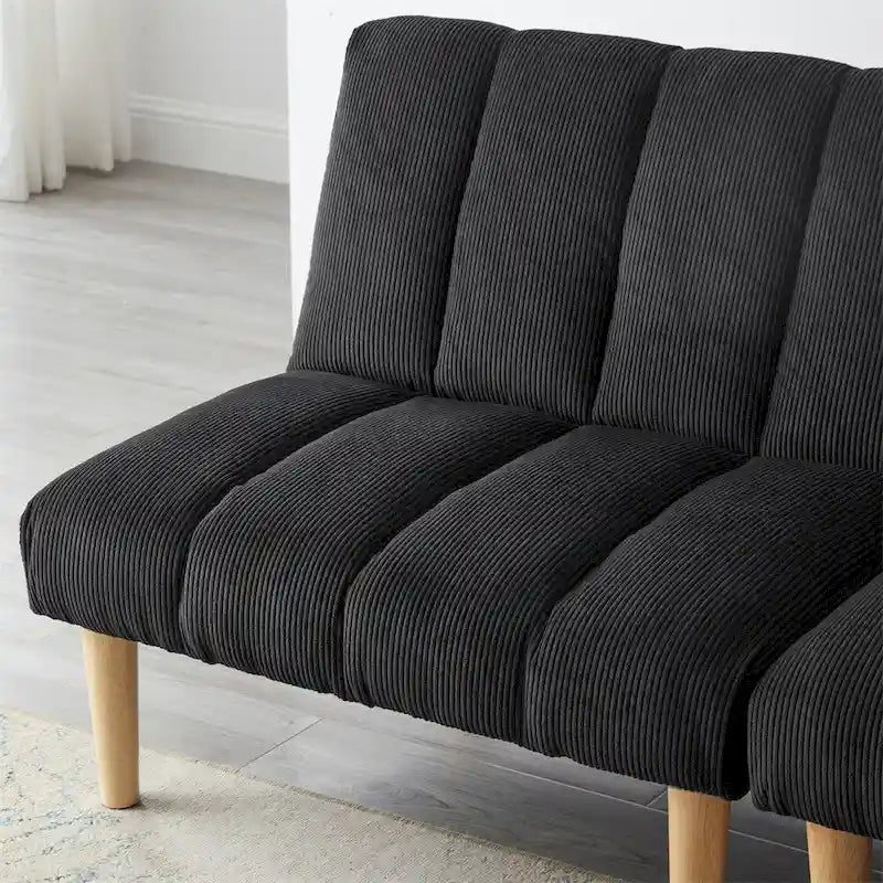 Sofá cama convertible de pana con patas de madera