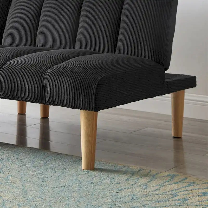 Sofá cama convertible de pana con patas de madera