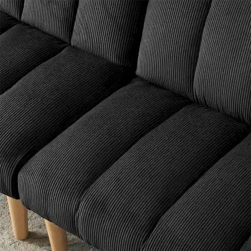 Sofá cama convertible de pana con patas de madera