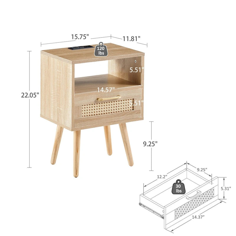 Mesa auxiliar de ratán con cajón y puertos USB