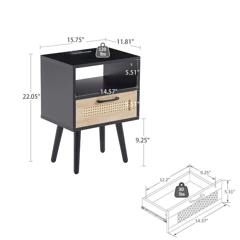 Rattan-Beistelltisch mit Schublade und USB-Anschlüssen