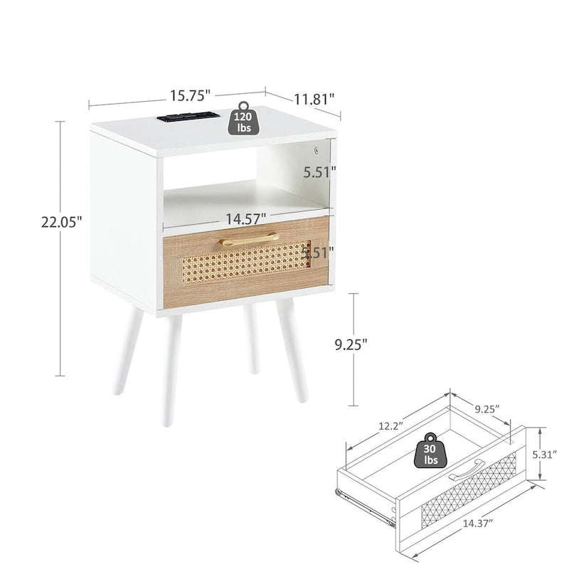 Rattan-Beistelltisch mit Schublade und USB-Anschlüssen