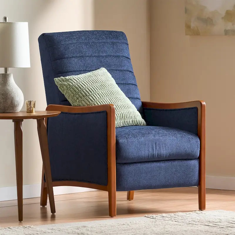 Sillón reclinable de tela con respaldo abatible y estructura de madera