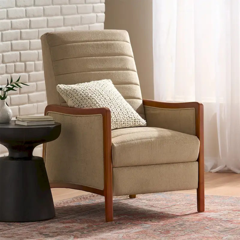 Sillón reclinable de tela con respaldo abatible y estructura de madera