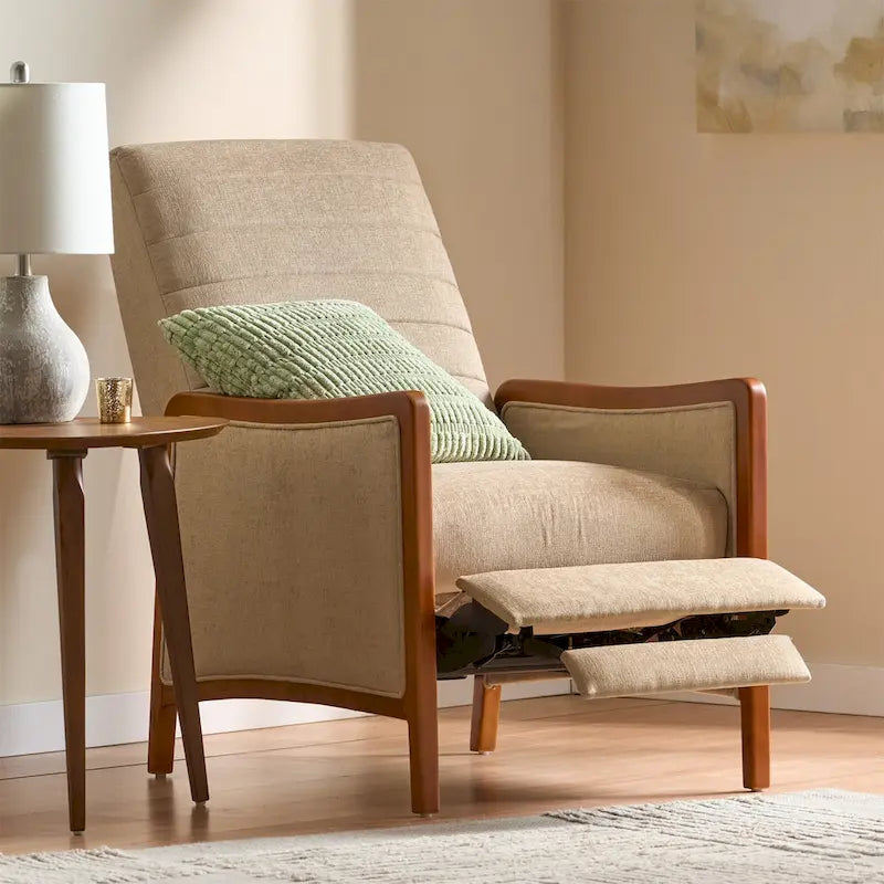 Sillón reclinable de tela con respaldo abatible y estructura de madera