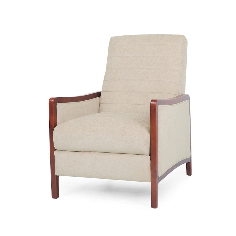 Sillón reclinable de tela con respaldo abatible y estructura de madera