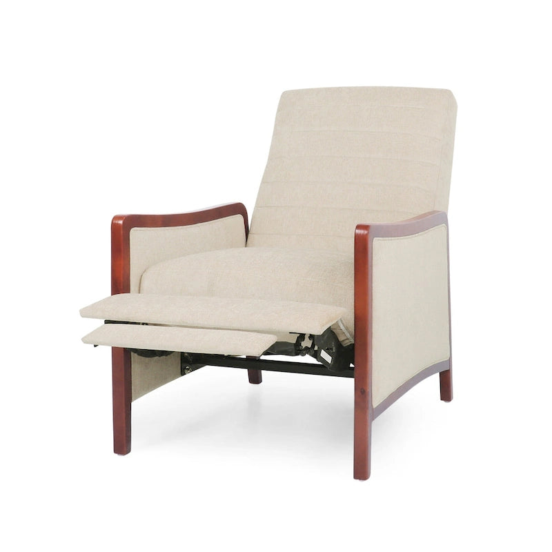 Sillón reclinable de tela con respaldo abatible y estructura de madera