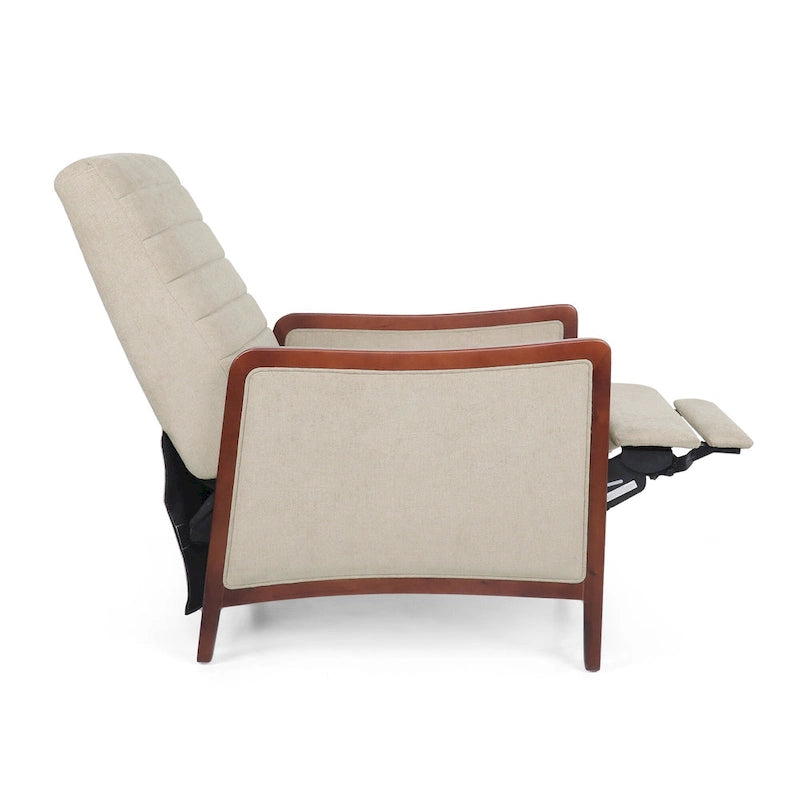 Sillón reclinable de tela con respaldo abatible y estructura de madera