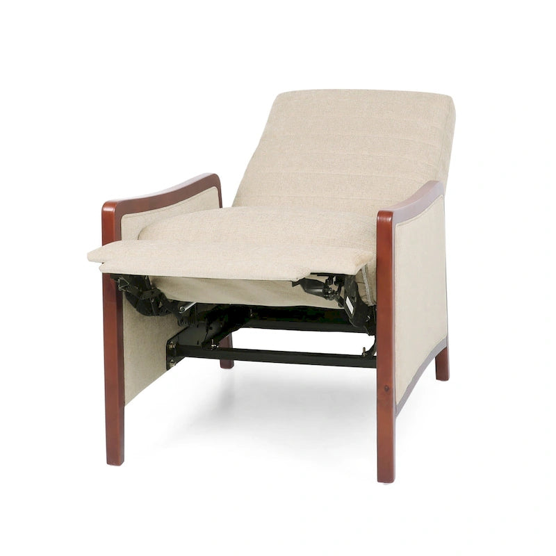 Sillón reclinable de tela con respaldo abatible y estructura de madera