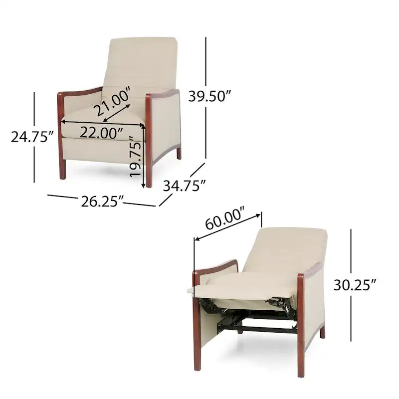 Sillón reclinable de tela con respaldo abatible y estructura de madera