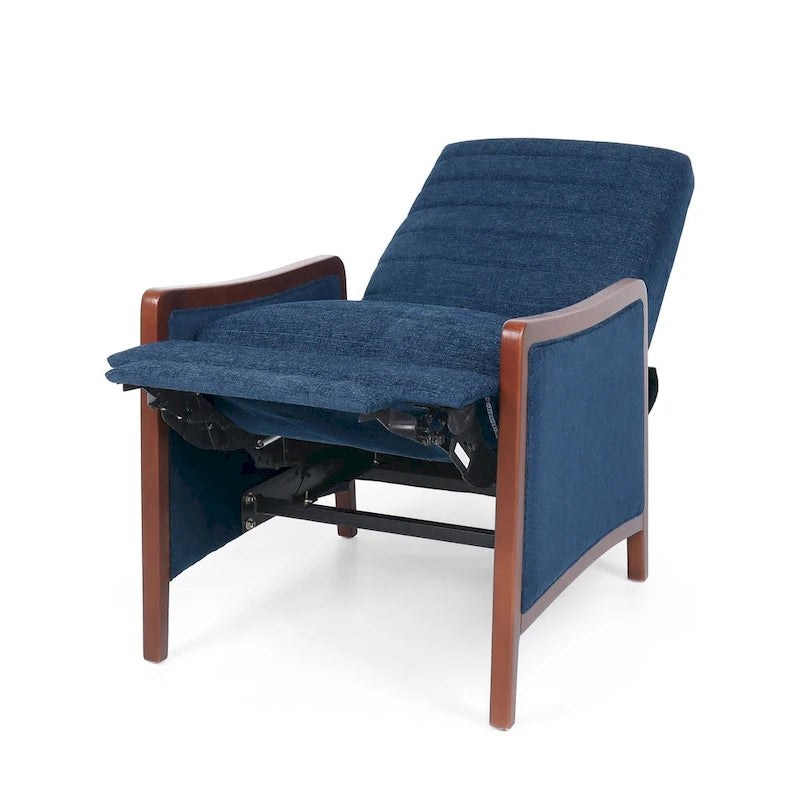 Sillón reclinable de tela con respaldo abatible y estructura de madera