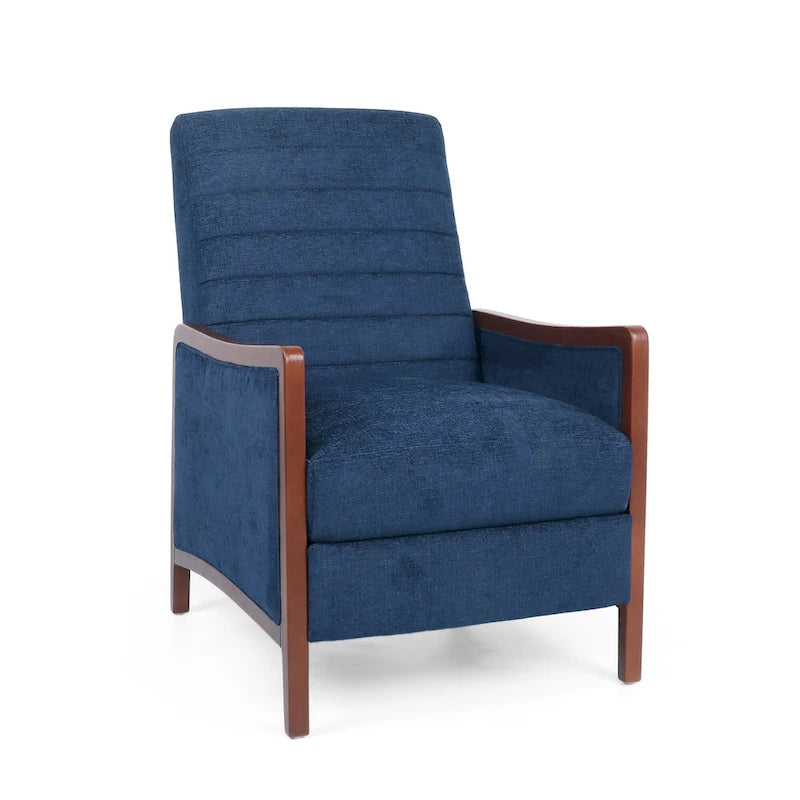 Sillón reclinable de tela con respaldo abatible y estructura de madera