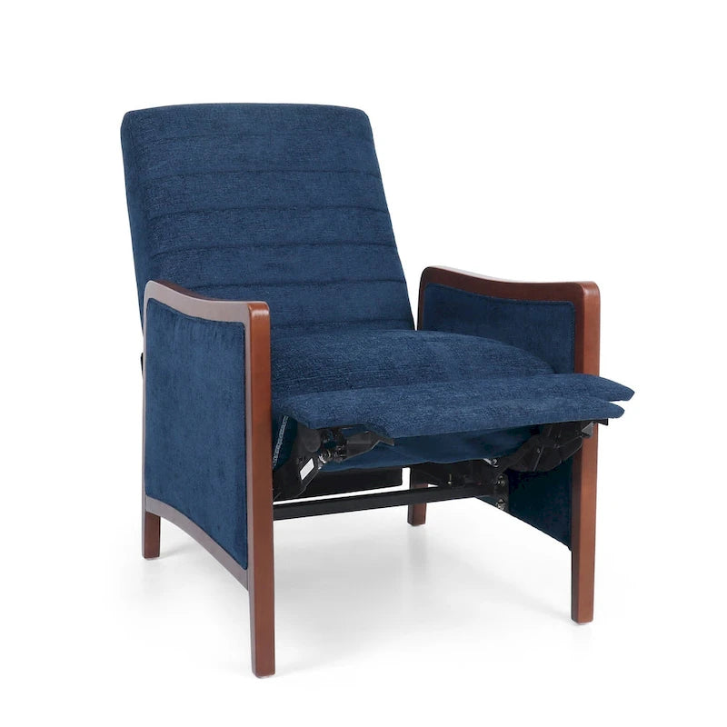 Sillón reclinable de tela con respaldo abatible y estructura de madera