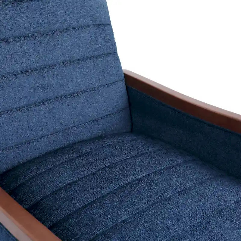 Sillón reclinable de tela con respaldo abatible y estructura de madera