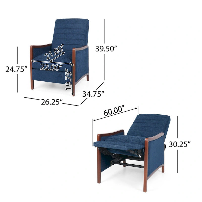 Sillón reclinable de tela con respaldo abatible y estructura de madera