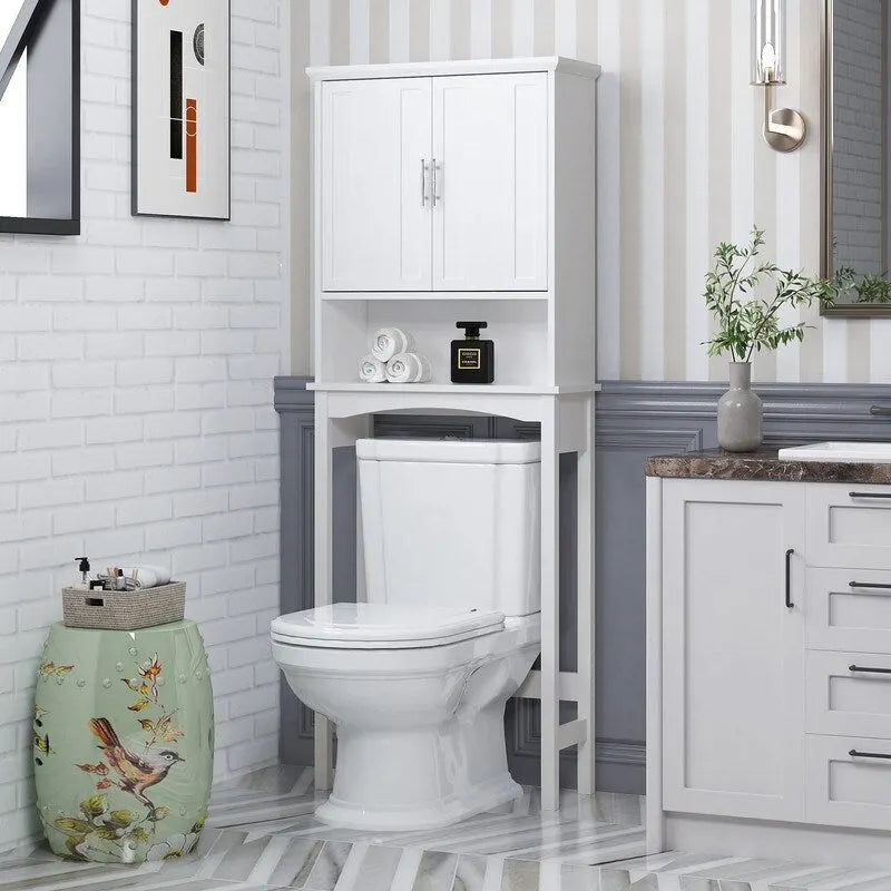 Mueble blanco de almacenamiento sobre el inodoro con estante ajustable