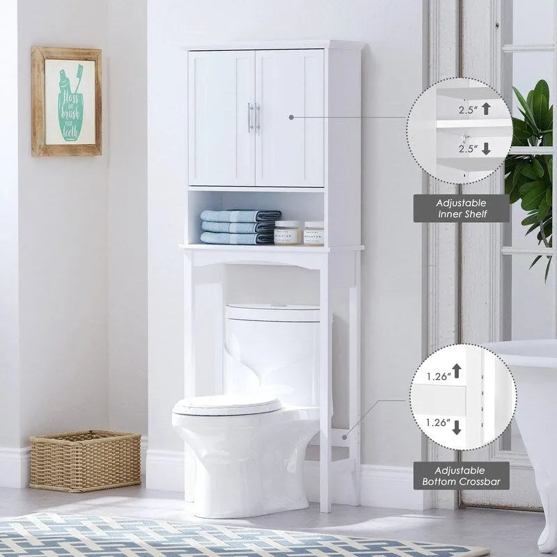 Mueble blanco de almacenamiento sobre el inodoro con estante ajustable